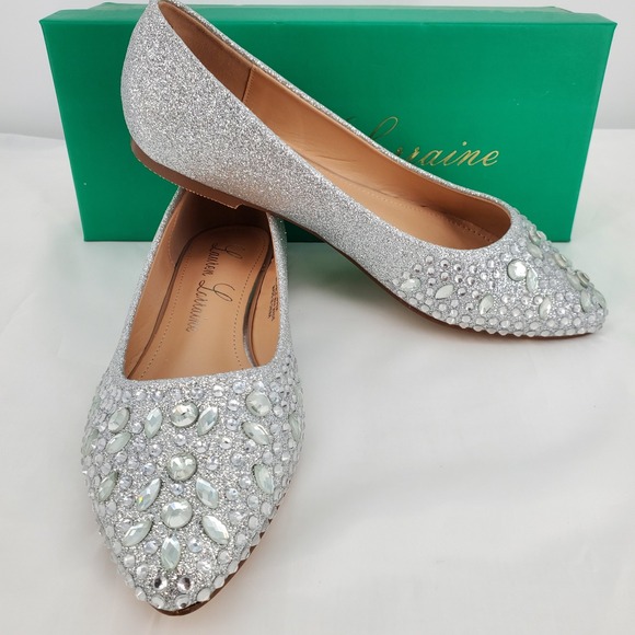 Lauren Lorraine Kelsey 8 Silver Rhinestone Embellished Pointed Toe Ballet Flats - Picture 1 of 8